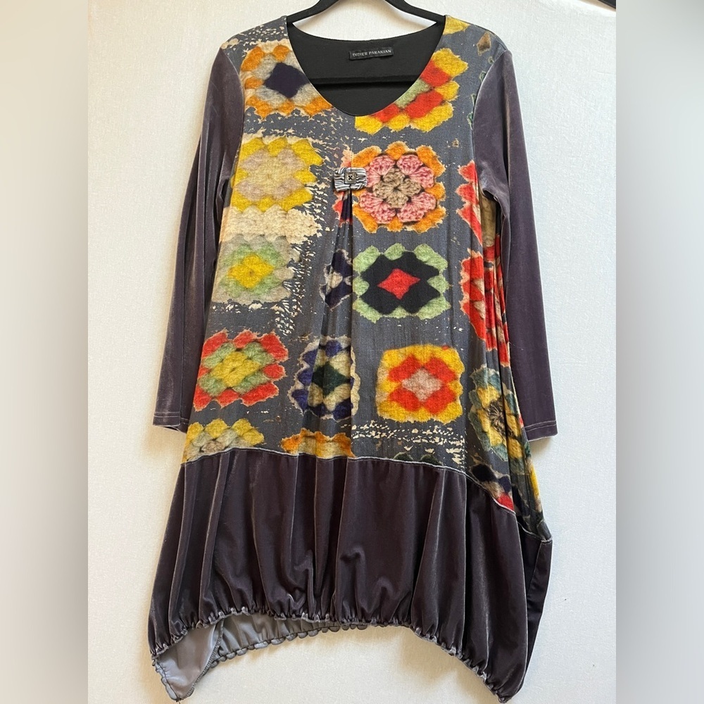 Didier Parakian Made In Italy Patchwork Velvet Trim Lagenlook Tunic Dress Sz S/M